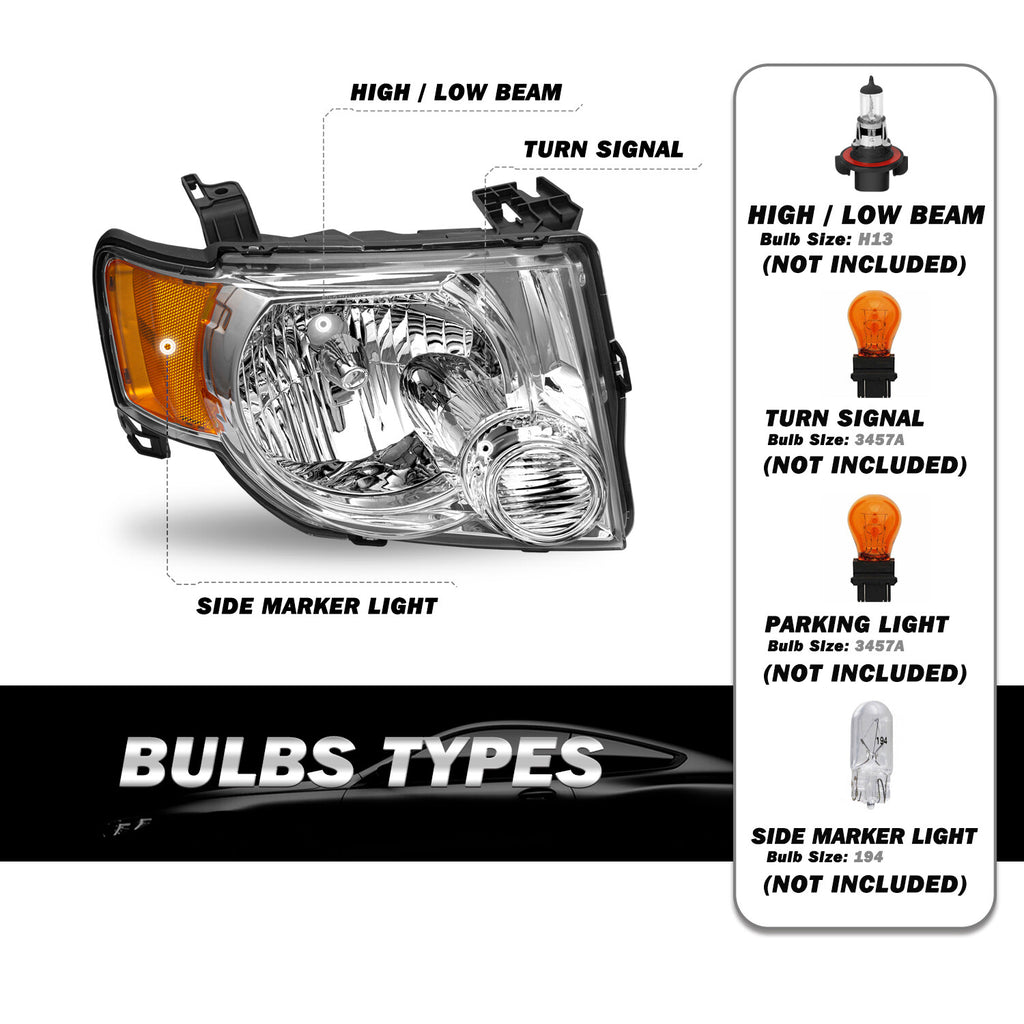 For 2008 2009 2010 2011 2012 Ford Escape SUV Chrome Passenger Right Headlight