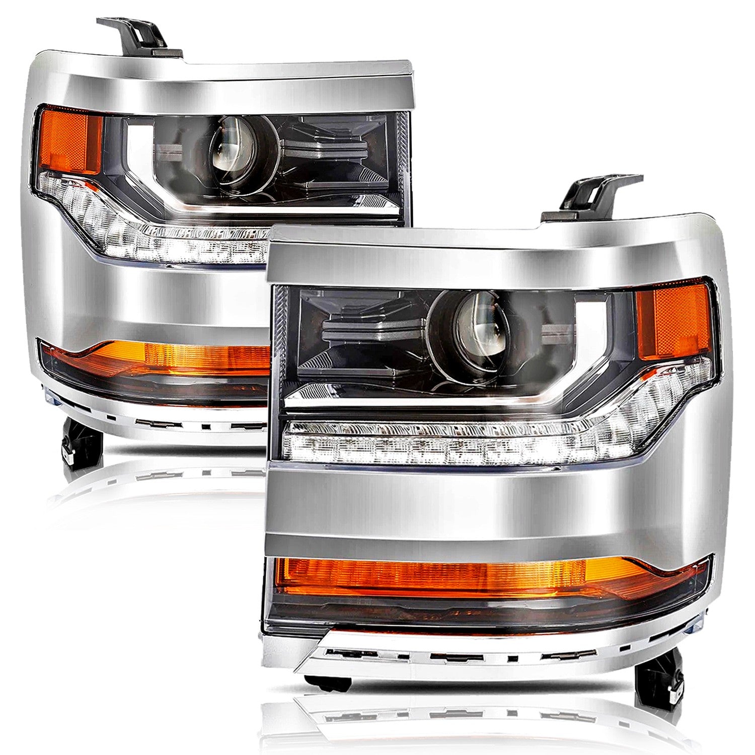 Chrome Headlights For 2016-2018 Chevy Silverado 1500 HID/Xenon Headlamps LH&RH
