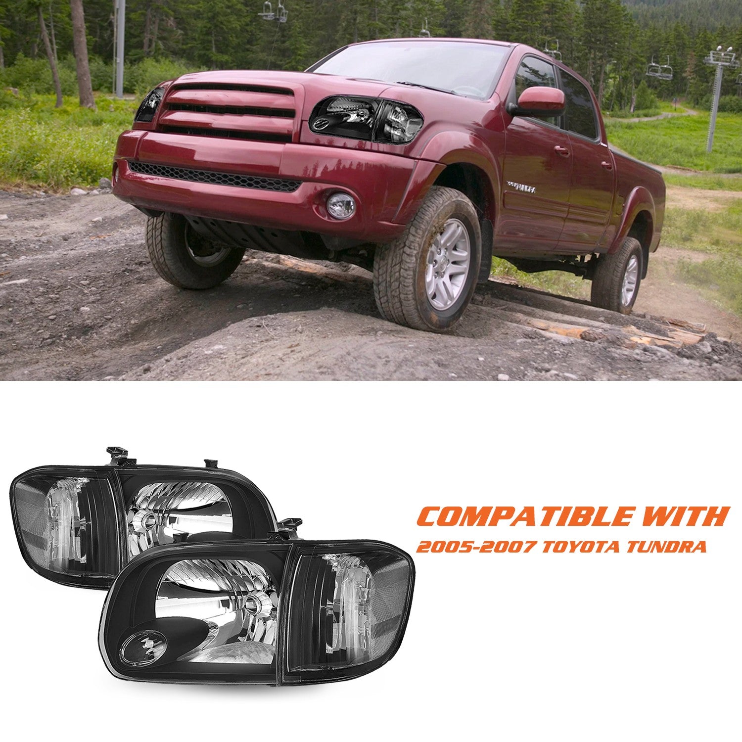 For 2005-2006 Toyota Tundra 05-07 Sequoia Halogen Black Headlight Assembly LH+RH