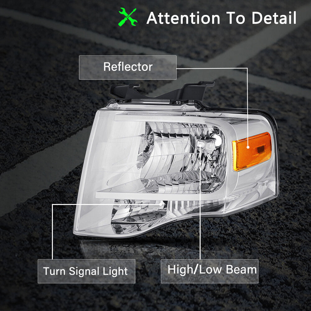 For 2007-2014 Ford Expedition Chrome Headlights Replacement Headlamps w/Bulbs