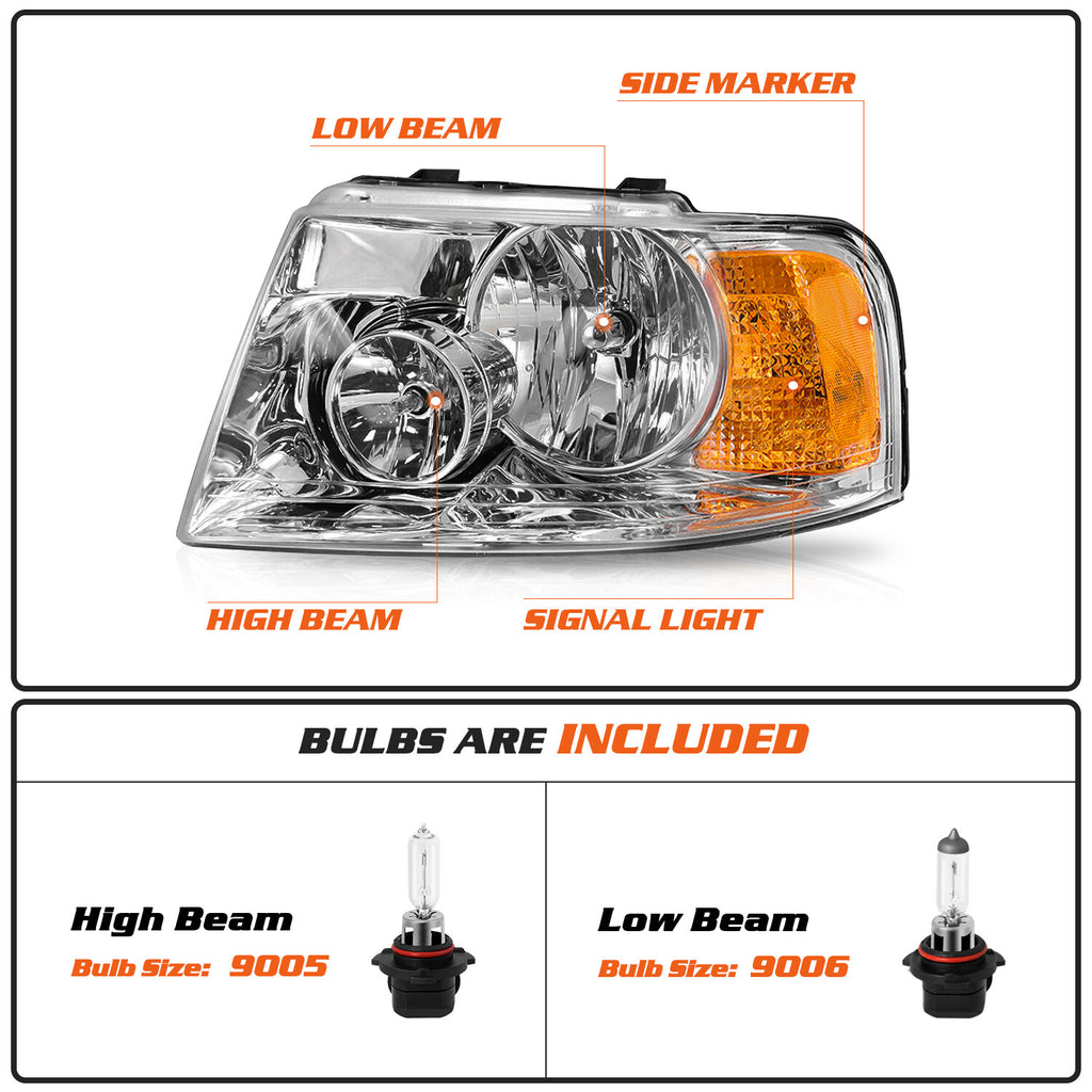 Pair Headlights Assembly For 2003-2006 Ford Expedition Chrome Housing W/Bulbs