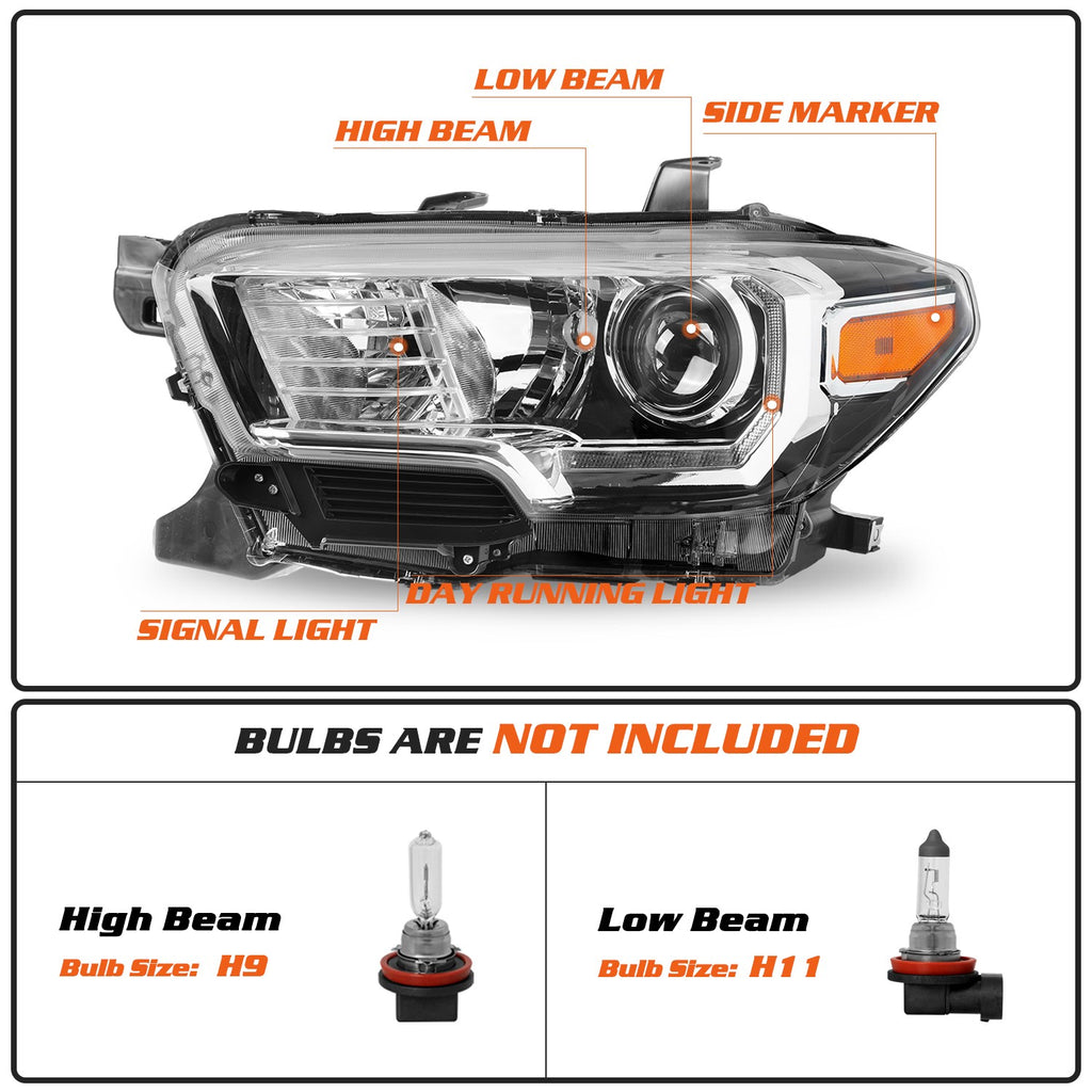For 2016-2022 Toyota Tacoma w/ LED DRL Chrome Halogen Headlights Headlamps L+R