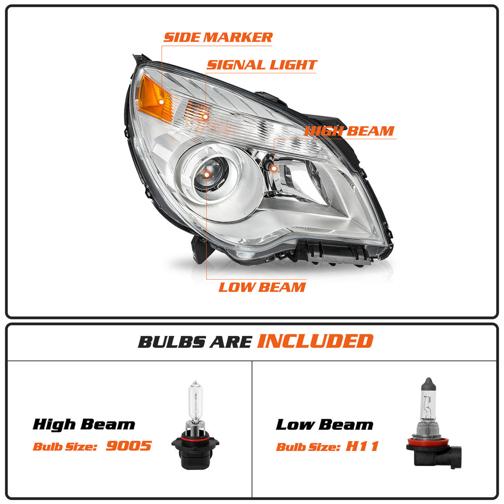 for 2010-2015 Chevy Equinox Projector Halogen Headlight Right Side w/Bulbs