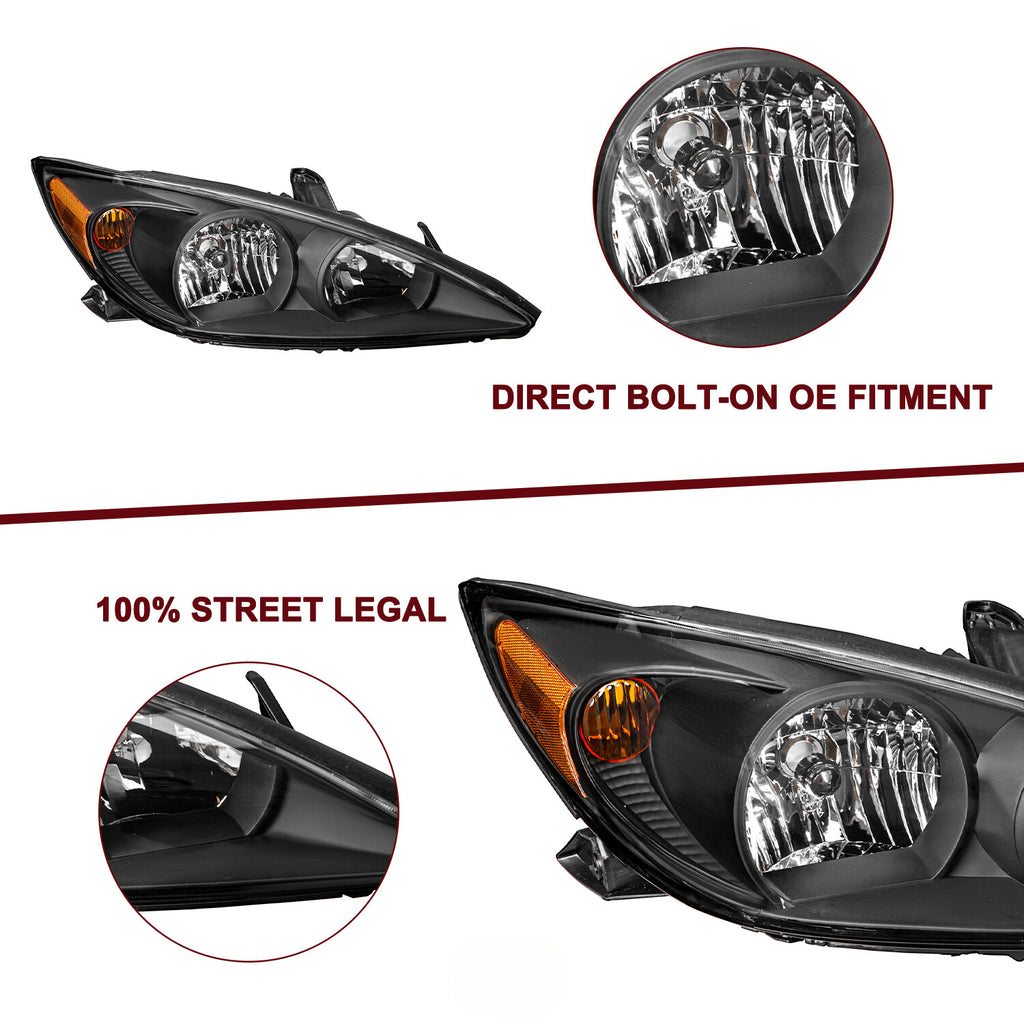 For 2002 2003 2004 Toyota Camry Black Amber Reflector Headlights Assembly Pair
