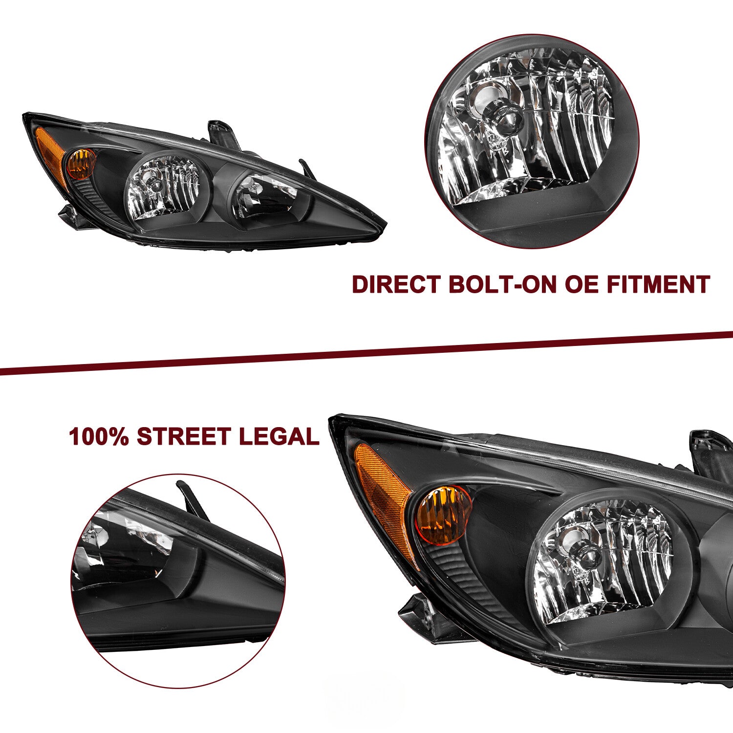 For 2002 2003 2004 Toyota Camry Black Amber Reflector Headlights Assembly Pair