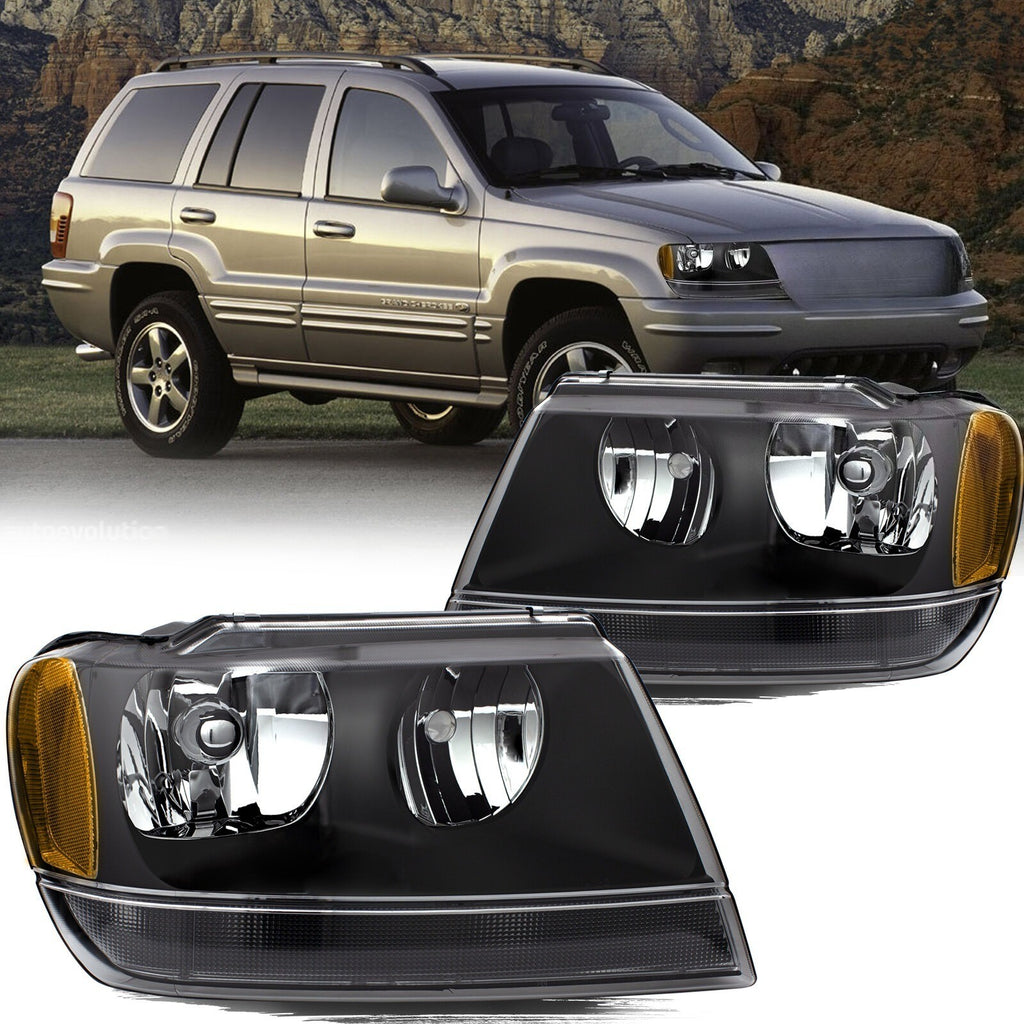 For 1999-2004 Jeep Grand Cherokee Black Headlights Lamp Pair Front Left + Right