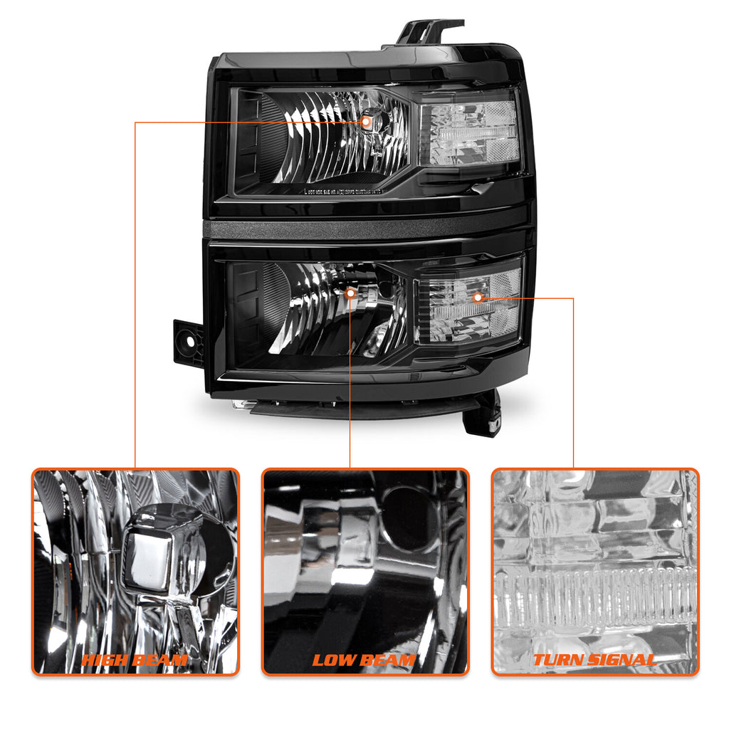 Black Headlights For 2014-2015 Chevy Silverado 1500 Pickup Headlamps
