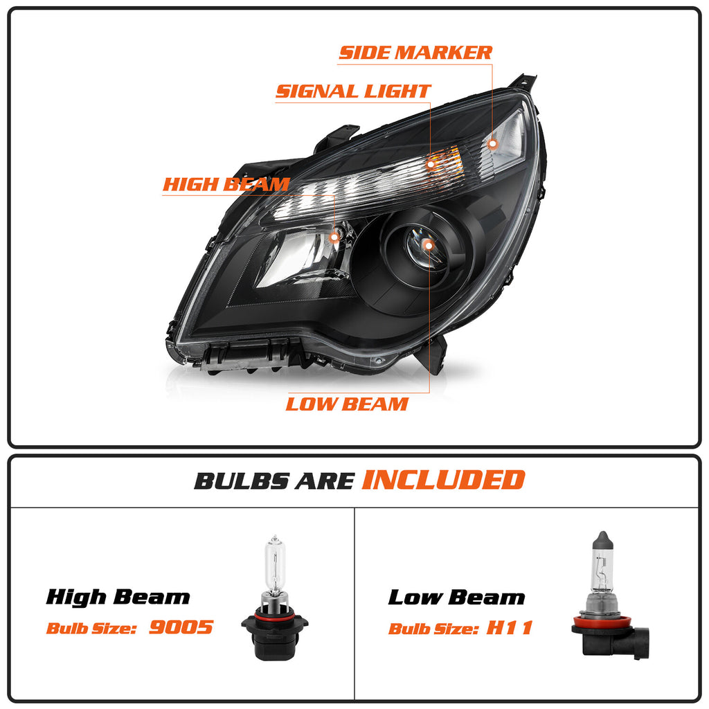 for 2010-2015 Chevy Equinox Projector Halogen Black Headlight Left+Right w/Bulbs