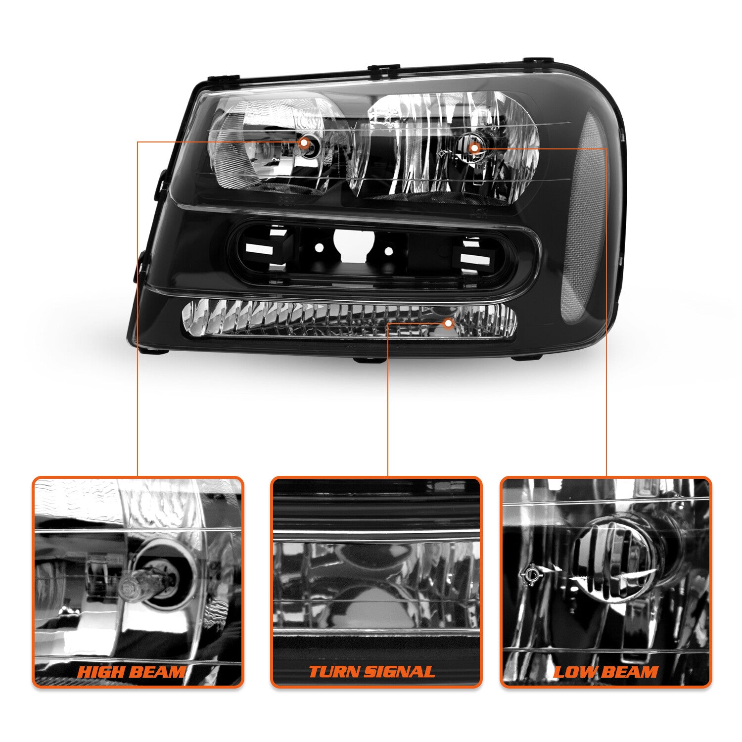 For 2002-2009 Chevy Trailblazer Black Housing Headlights Headlamps Assembly PAIR