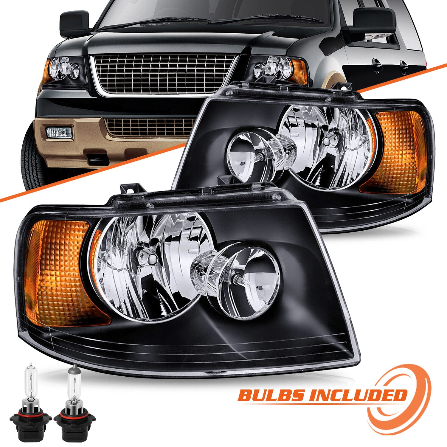 For 2003-2006 Ford Expedition Headlight Black Amber Housing Left+Right W/Bulbs
