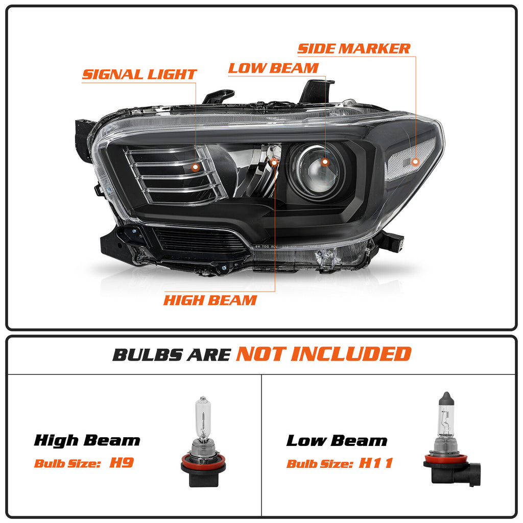 For 2016-2022 Toyota Tacoma Halogen W/O LED DRL Headlights Black Headlamps Pair