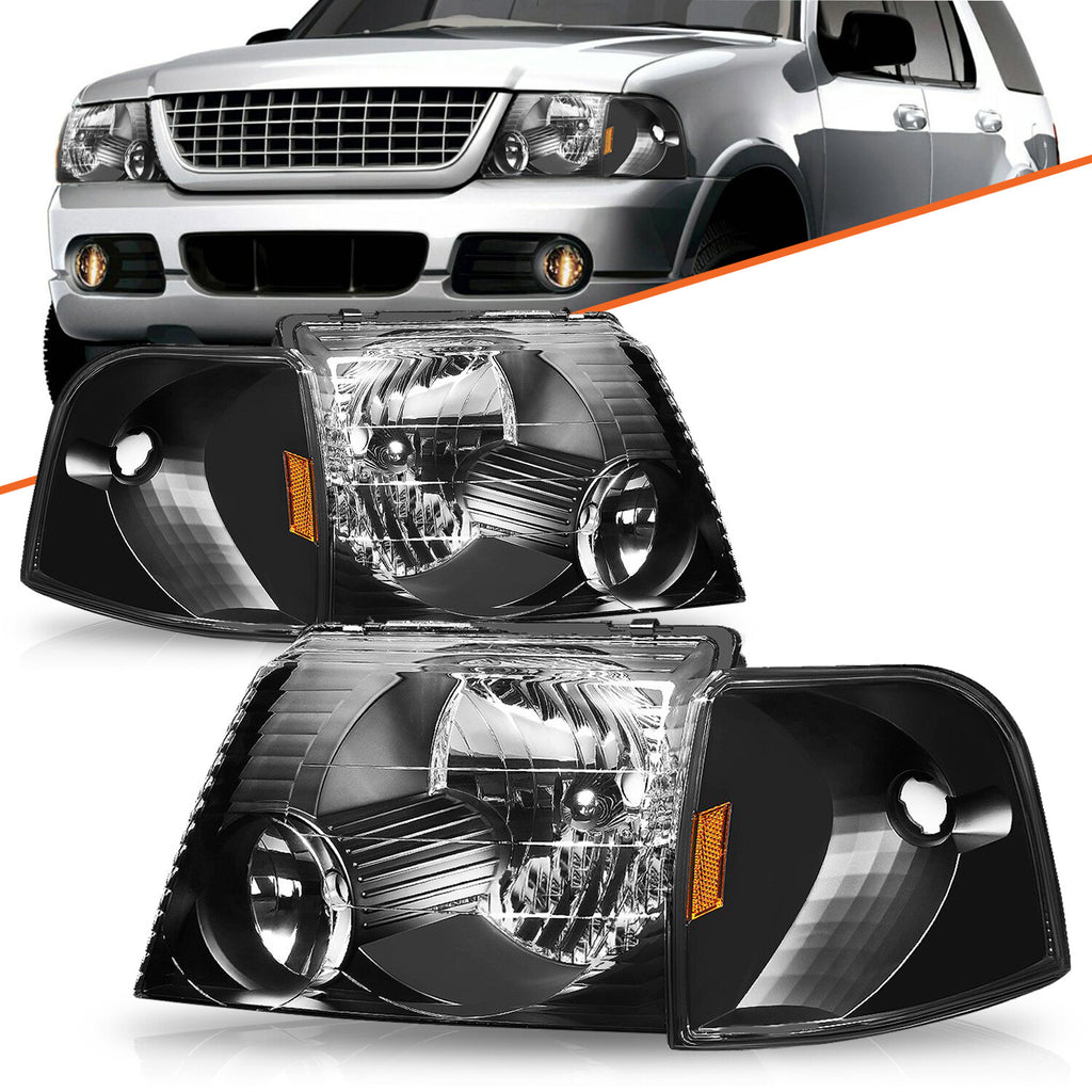 For 2002 2003 2004 2005 Ford Explorer Black Headlights+Corner Signal Lights Pair