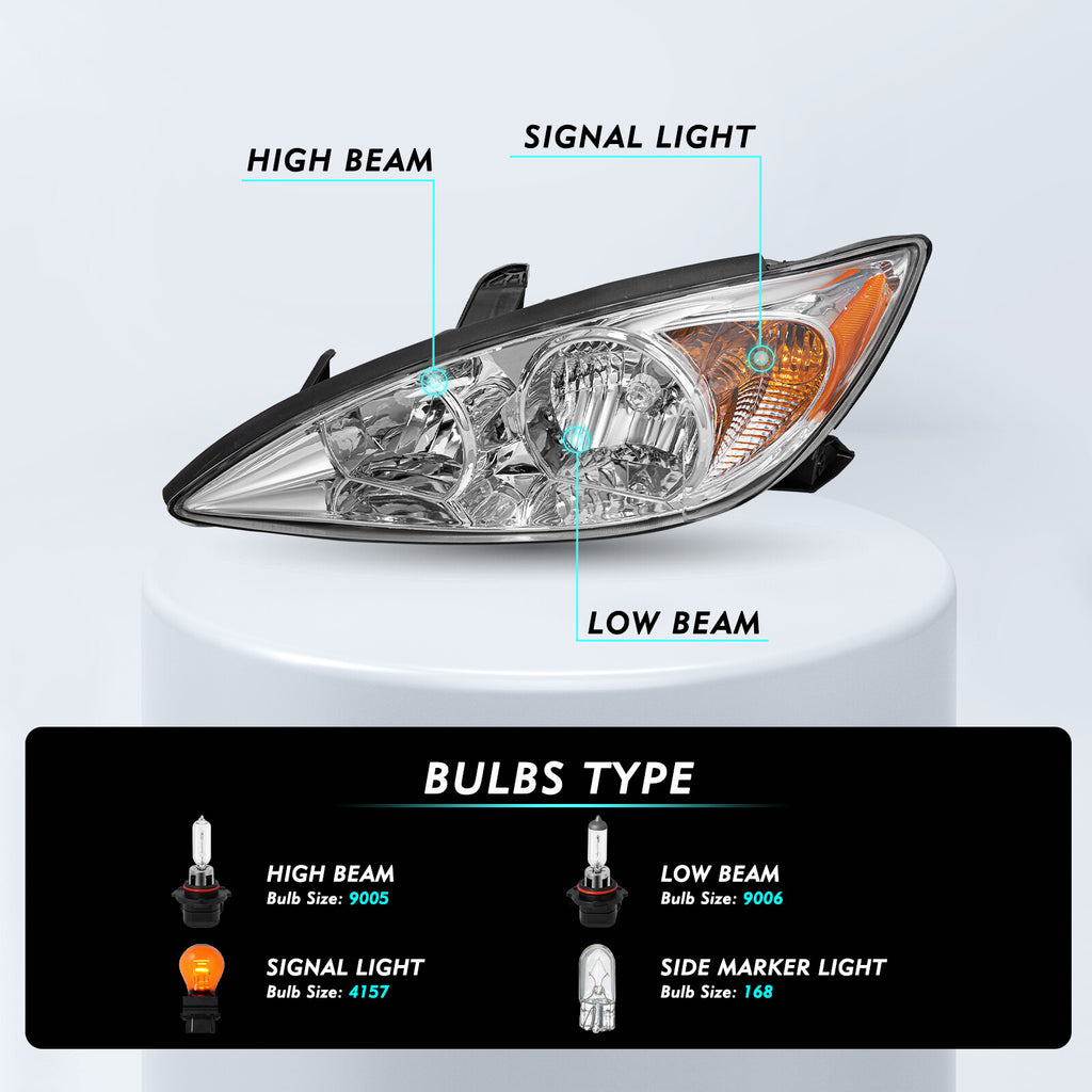 Headlights For 2002 2003 2004 Toyota Camry 4Dr Chrome Amber Headlamps Pairs L+R