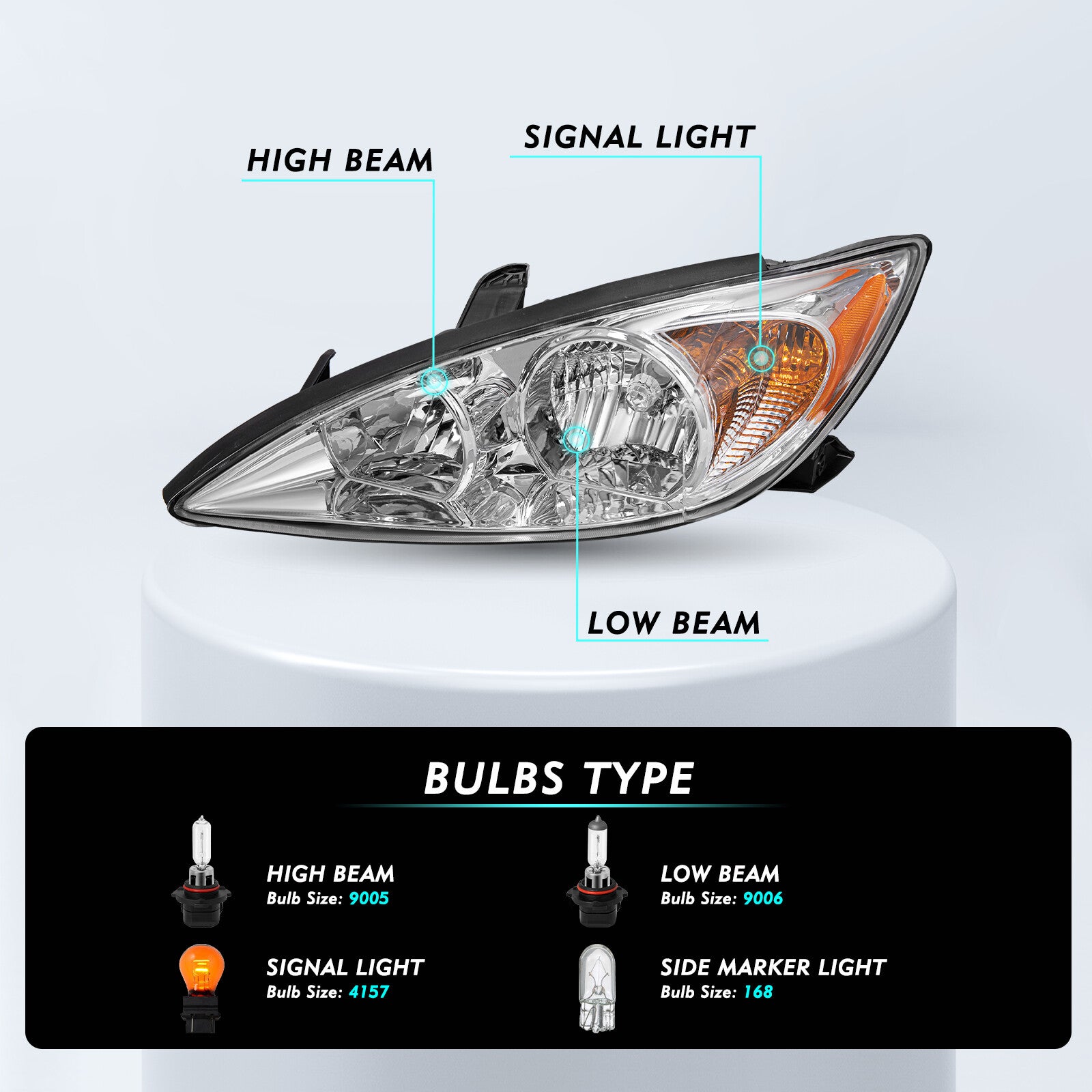 Headlights For 2002 2003 2004 Toyota Camry 4Dr Chrome Amber Headlamps Pairs L+R