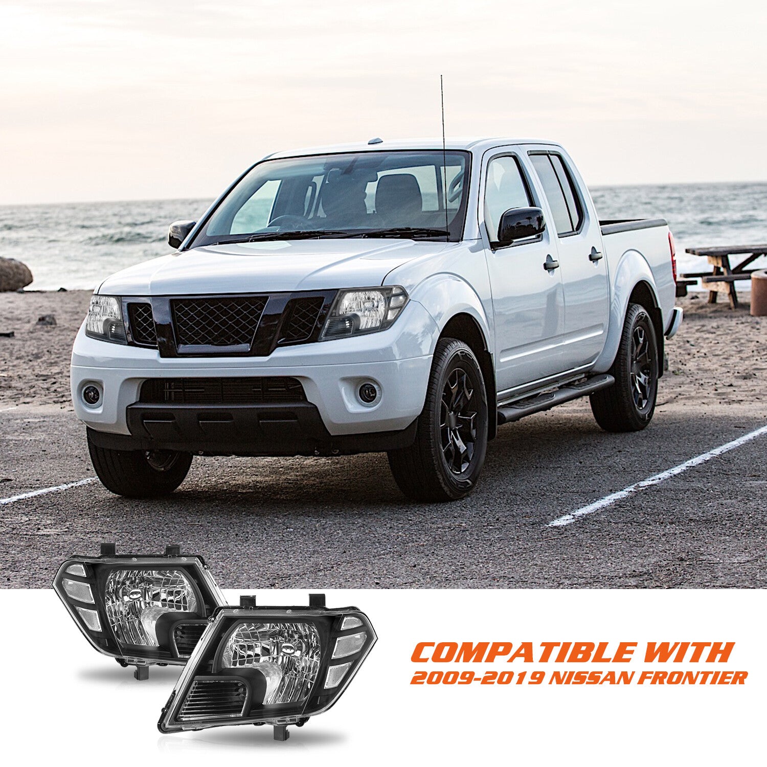 For 2009-2021 Nissan Frontier Truck Black Headlights Headlamps Left & Right Pair