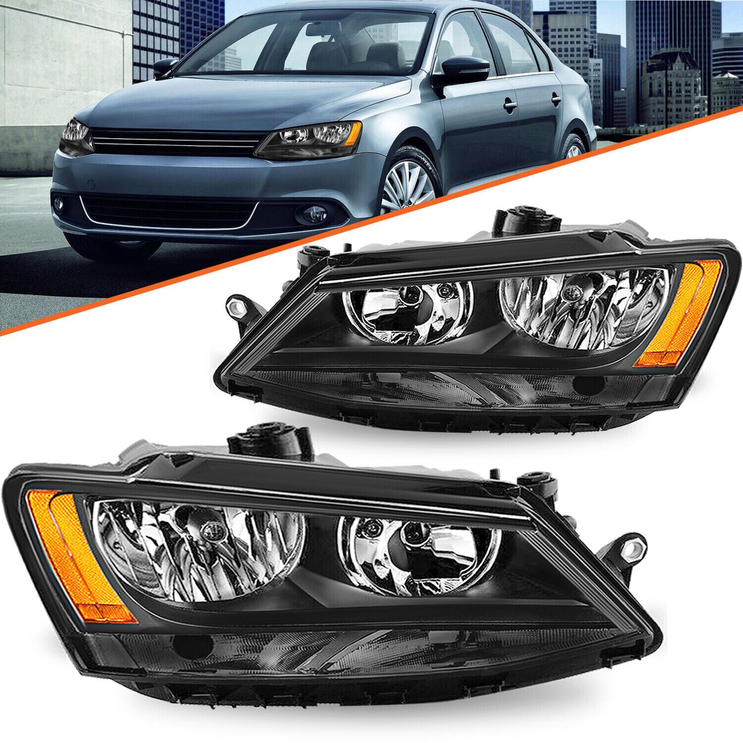 Black Amber Headlights Headlamps Assembly For 2011-2018 Volkswagen Jetta LH+RH