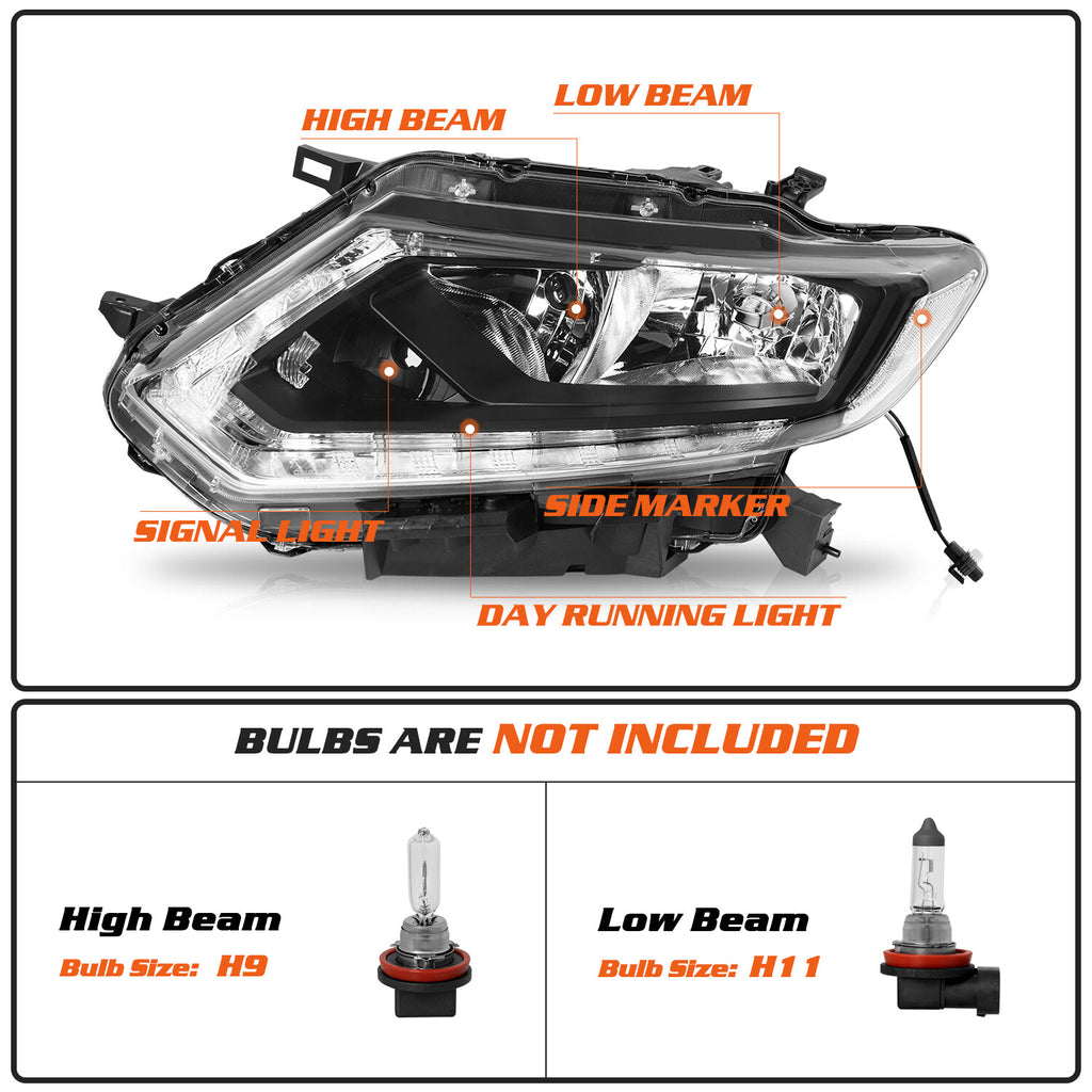 For 2014 2015 2016 Nissan Rogue Halogen LED DRL Black Headlights Assembly Lamps