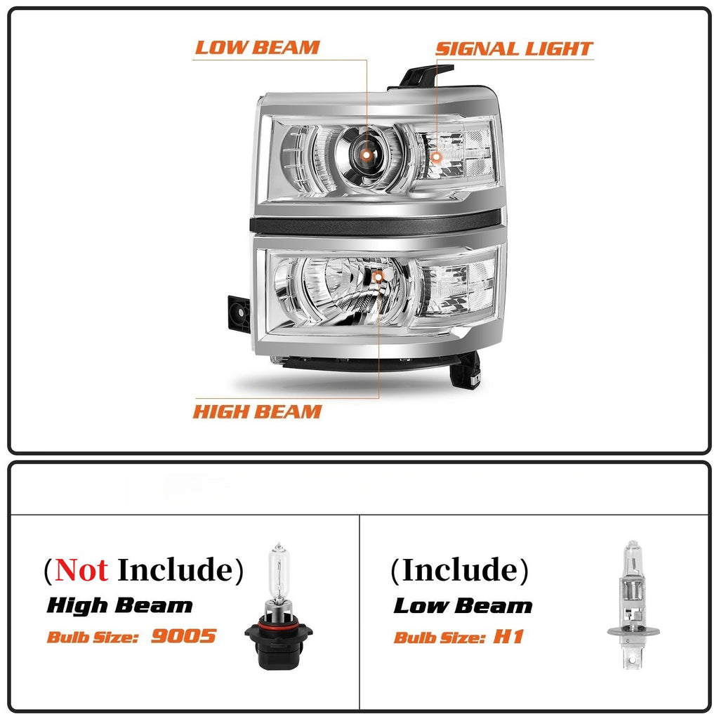Chrome Projector Headlights For 2014-2015 Chevy Silverado 1500 Trim Headlamp w/B