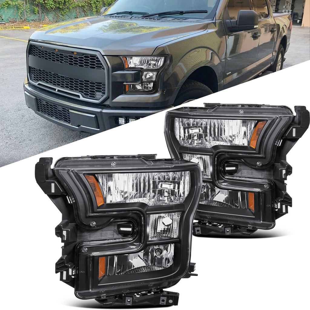 FOR 15-2017 FORD F150 BLACK AMBER CORNER HEADLIGHT REPLACEMENT HEAD LAMPS