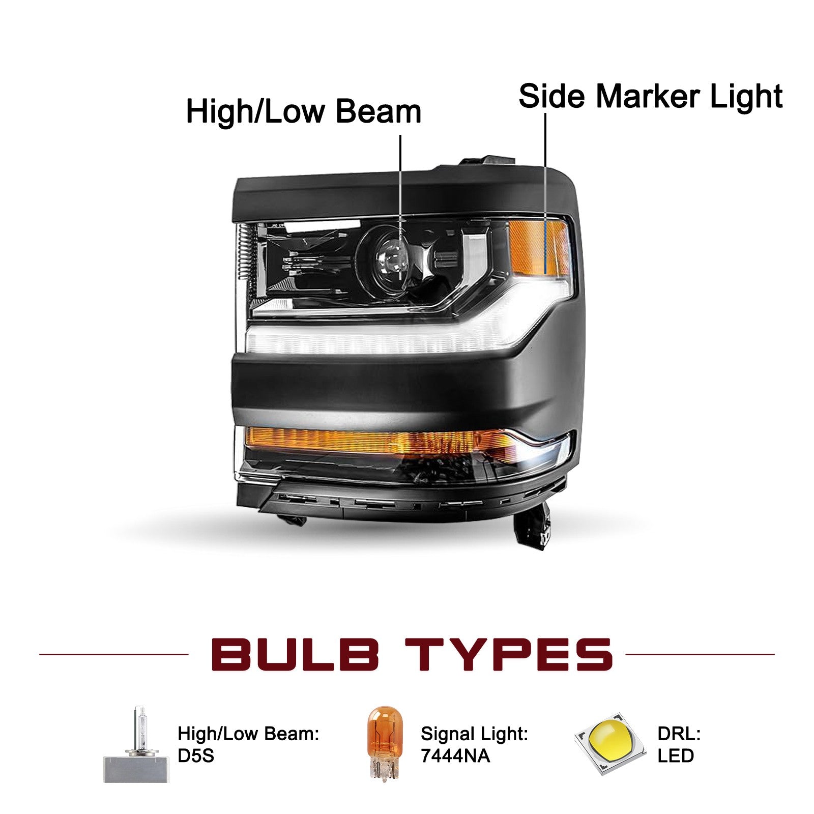 HID/Xenon Headlight For 2016-2018 Chevy Silverado 1500 Driver Side