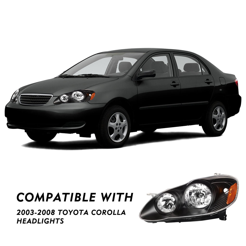 For 2003-2008 Toyota Corolla Sedan Black Headlight Assembly Headlamps Left+Right
