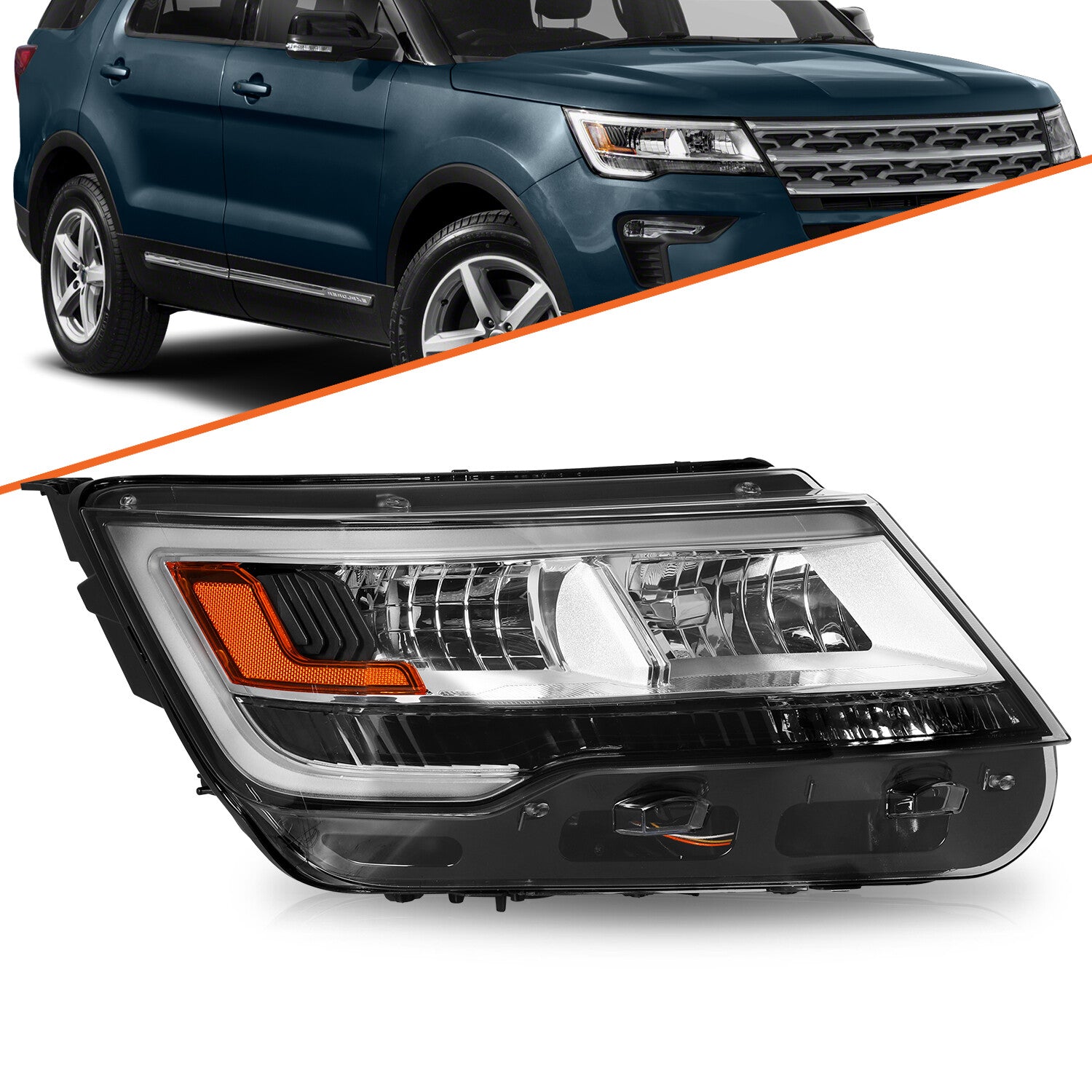 Chrome Passenger Headlight For 2016-2019 Ford Explorer Limited/XLT/Plati LED DRL