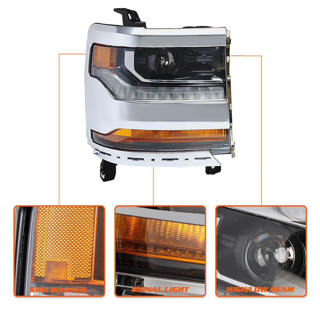 Chrome For 2016-2018 Chevy Silverado 1500 HID/Xenon Headlight Right Side