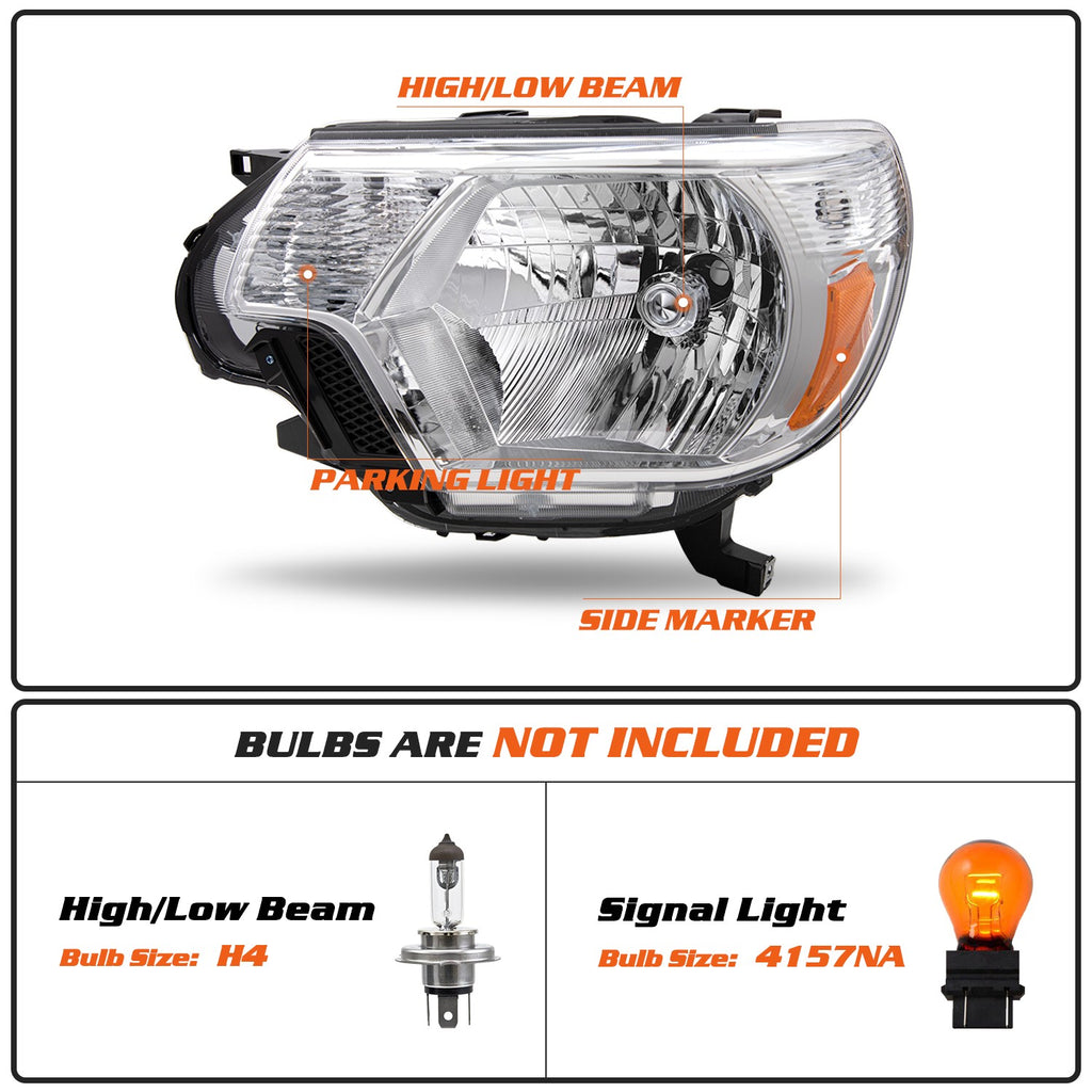 For 2012-2015 Toyota Tacoma Pickup Chrome Headlights Amber Corner Headlamps Pair