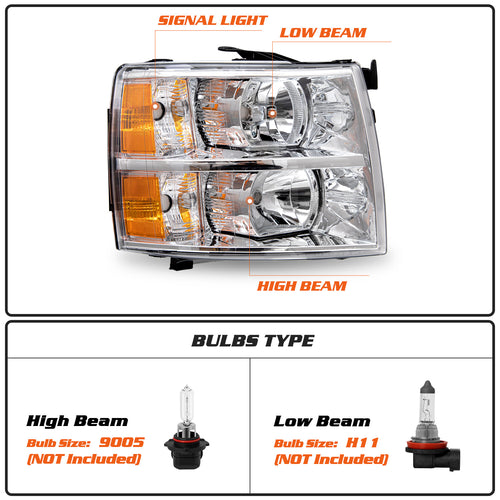Chrome Headlight For 2007-2014 Chevy Silverado 1500 2500HD Halogen Headlamp