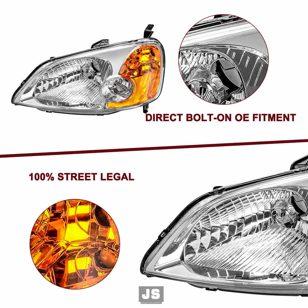 For 2001 2002 2003 Honda Civic DX Chrome Headlights Amber Corner Lamps 01-03 Set