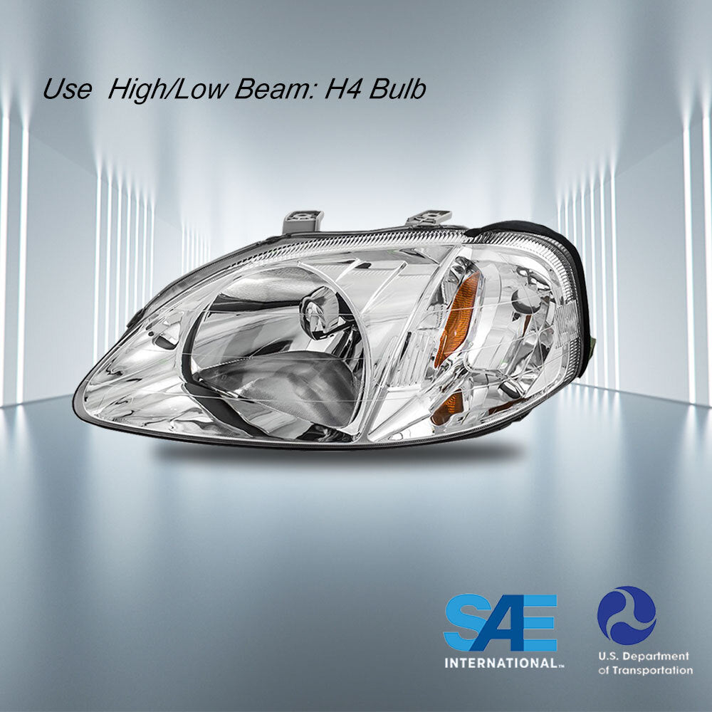 For 99-00 Honda Civic DX EX Chrome Housing Amber Corner Headlights Lamps Set