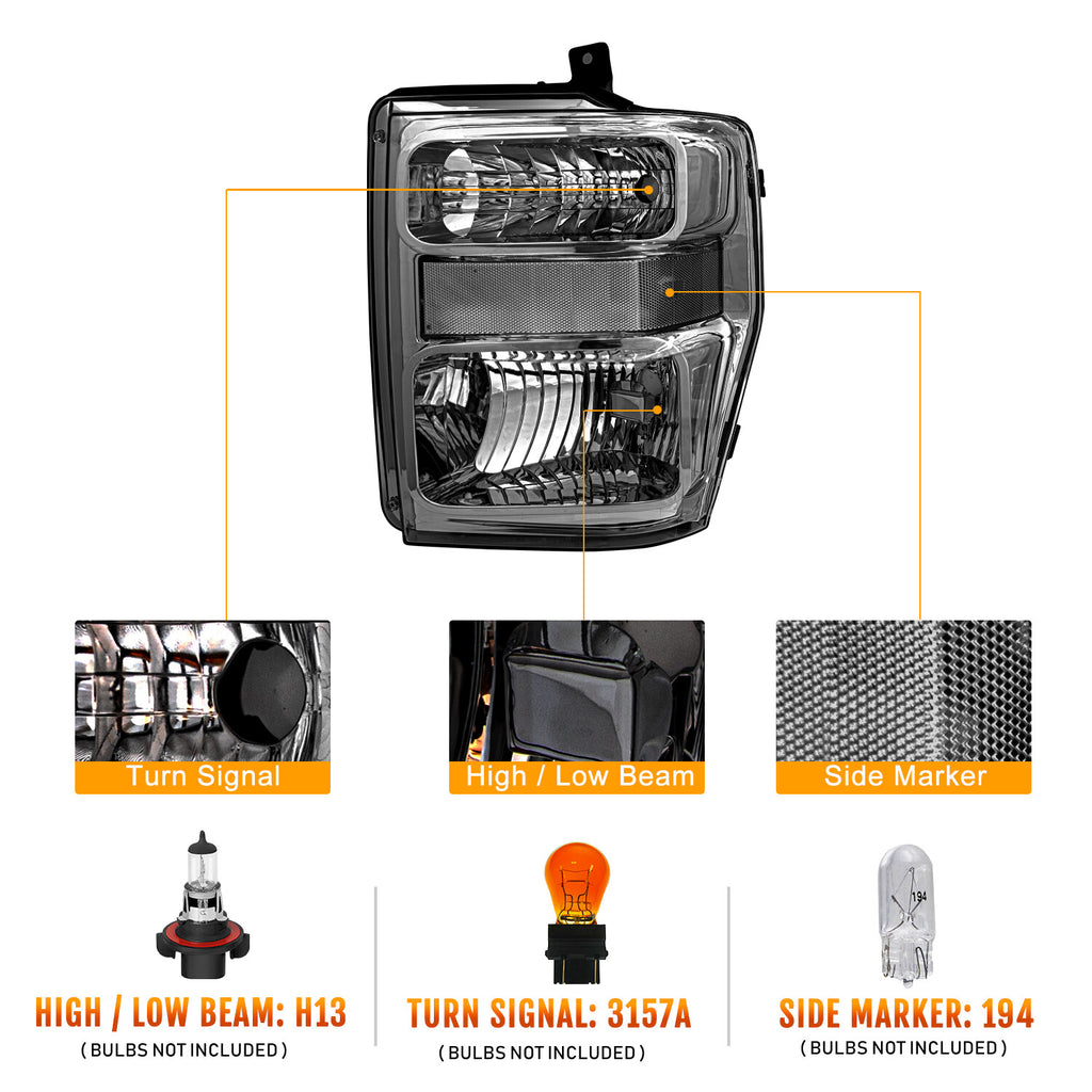 For 2008-2010 Ford F250 F350 F450 F550 Super Duty Smoke Headlights lamps Set