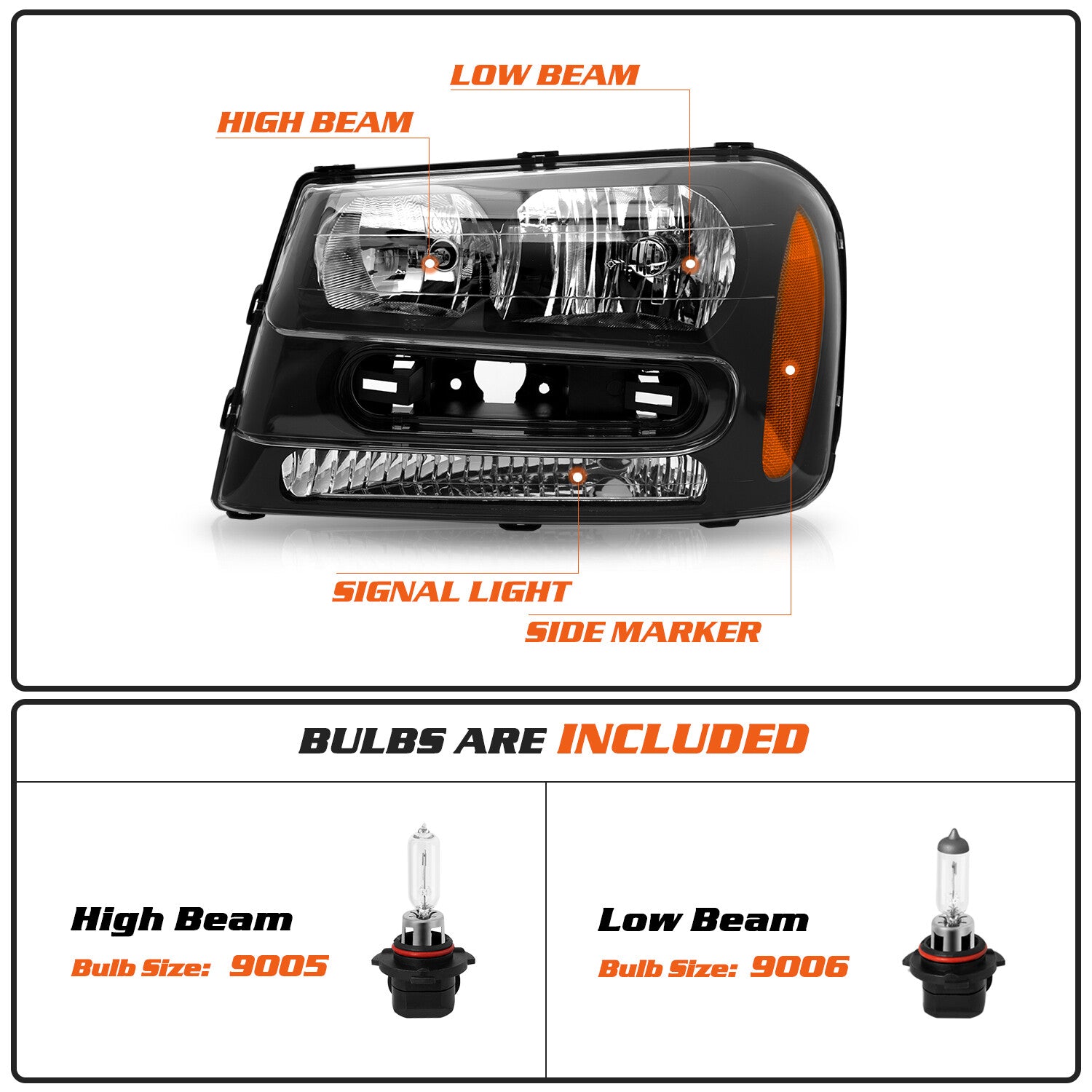 For 2002-2009 Chevrolet Trailblazer Black Headlights Assembly w/Bulb L+R Sets
