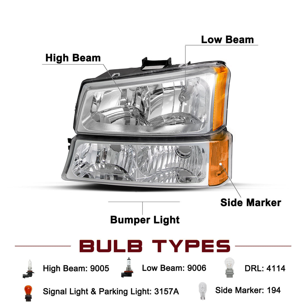 Chrome Headlights For 2003-2006 Chevy Silverado Chevrolet Avalanche 03-06 4pcs