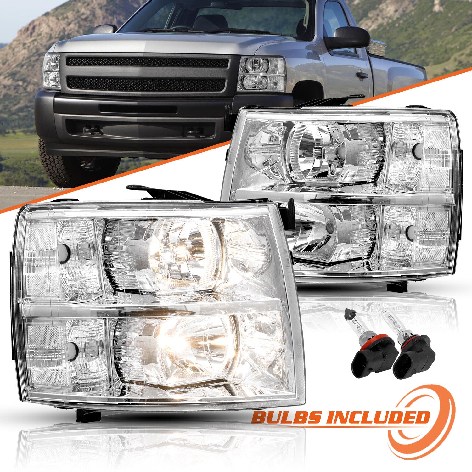 Chrome Headlight For 2007-2014 Chevy Silverado 1500 2500HD Halogen Headlamp