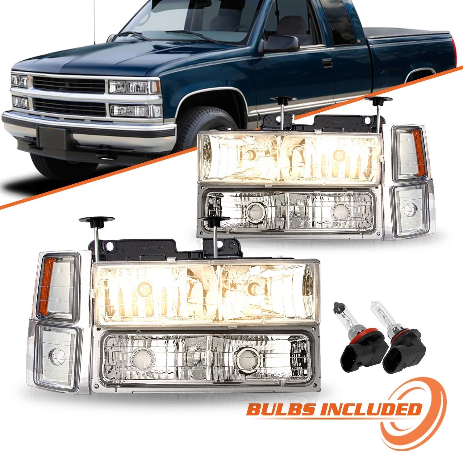 For 94-98 Chevy Silverado C10 C/K 1500 2500 3500 Chrome Headlights LH+RH w/Bulbs