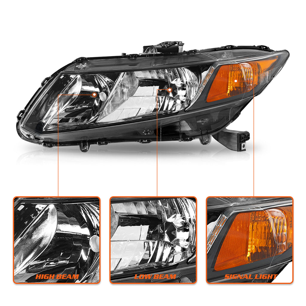 For 12-15 Honda Civic Sedan 2012-2013 Coupe Black Amber Headlights Assembly