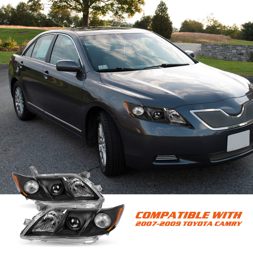 Headlights Assembly for 2007-2009 Toyota Camry Black Amber Headlamps 07-09 Pairs
