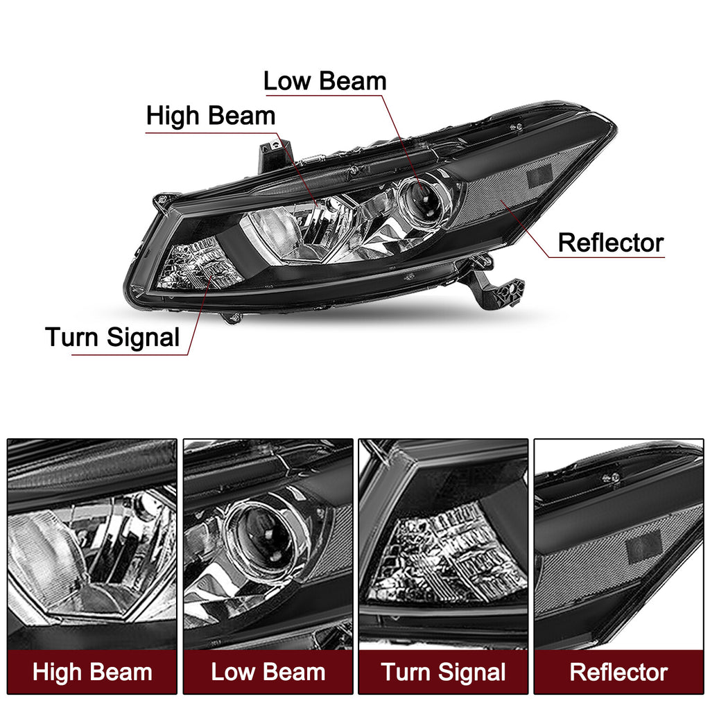 For 2008-2012 Honda Accord Coupe Halogen Projector Black Headlights Pair