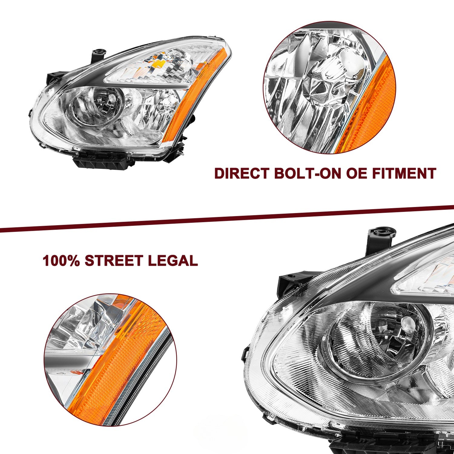 Headlights Assembly For 2008-2013 Nissan Rogue Chrome Amber Headlamps Left+Right