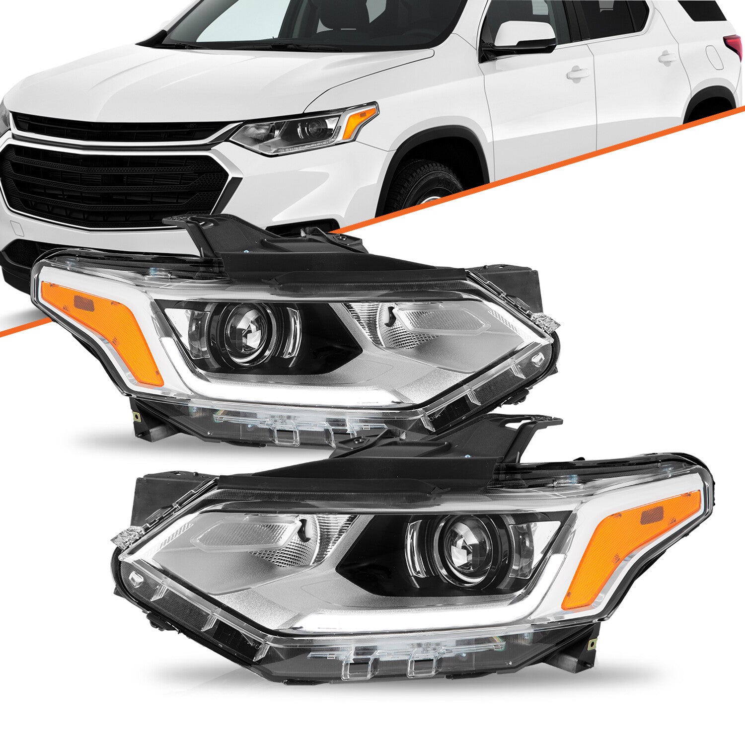 Chrome HID/Xenon Projector Headlights for 2018-2021 Chevy Traverse w/ LED DRL