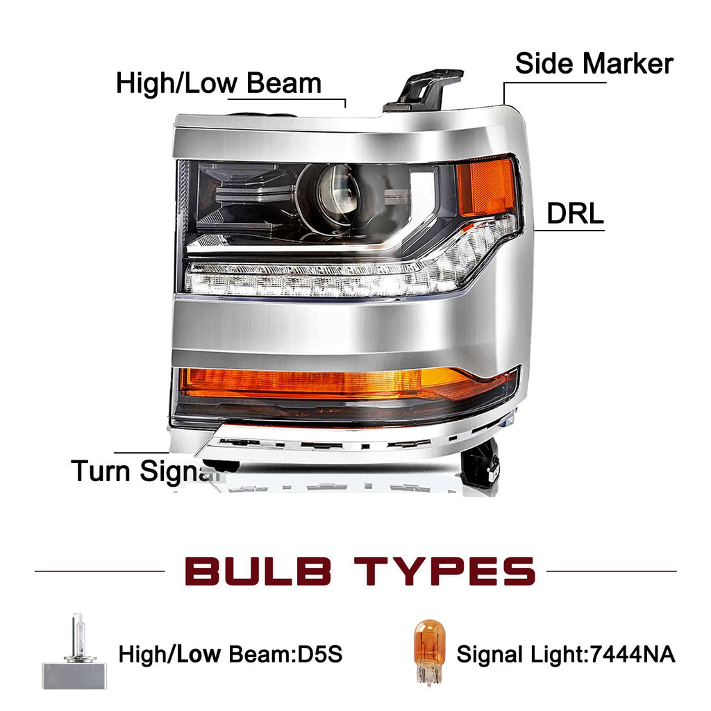 Chrome Headlights For 2016-2018 Chevy Silverado 1500 HID/Xenon Headlamps LH&RH