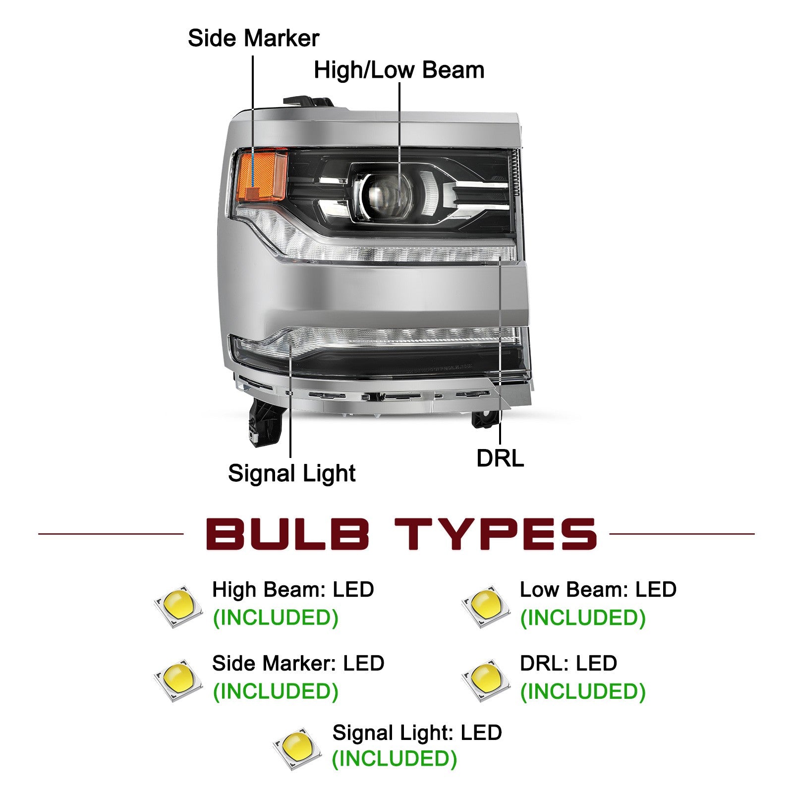 【FULL LED】Chrome Projector Headlight For 2016-2018 Chevy Silverado 1500 RH