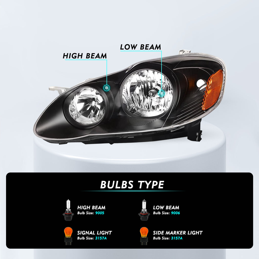 For 2003-2008 Toyota Corolla Sedan Black Headlight Assembly Headlamps Left+Right