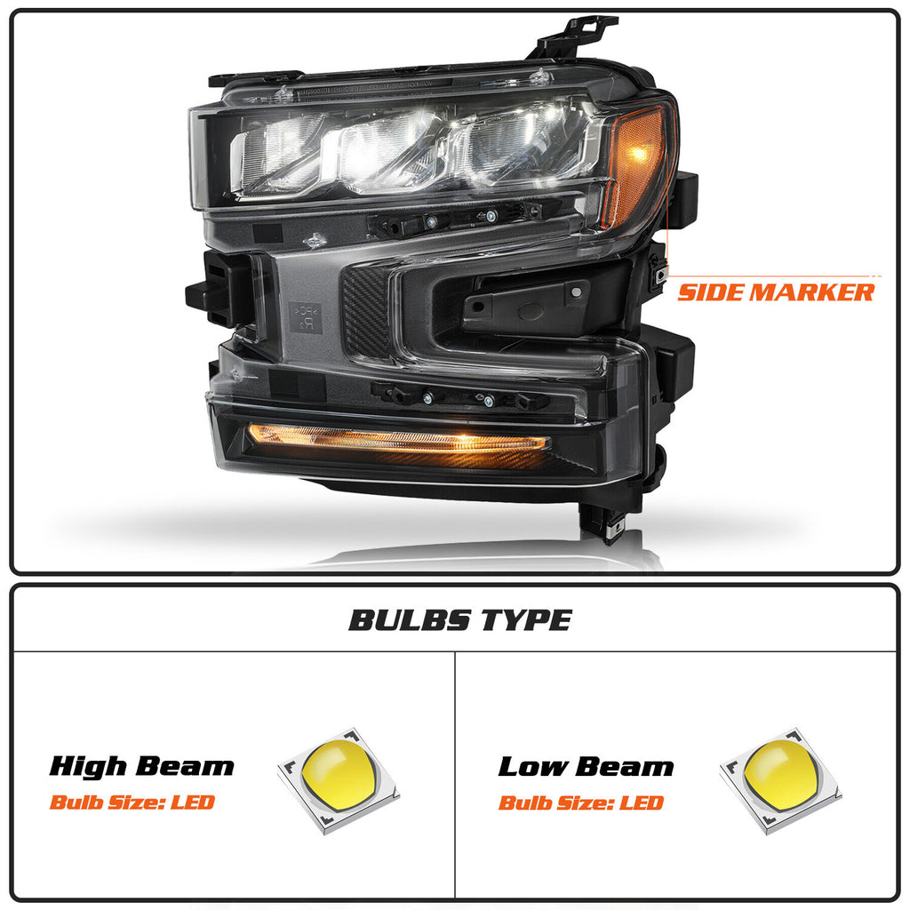 Full LED Headlights For 2019-2021 Chevy Silverado 1500 Headlamps Left & Right