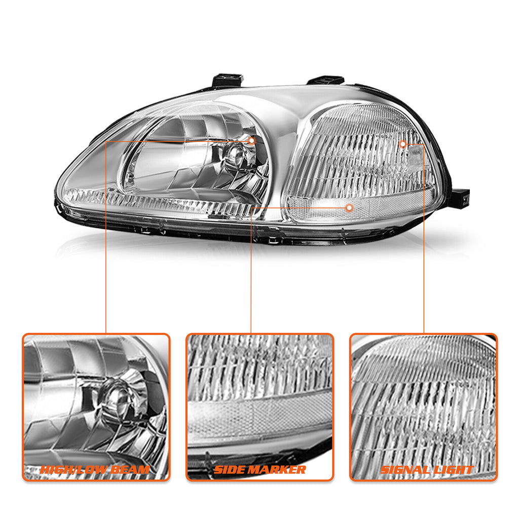 For 1996 1997 1998 Honda Civic EK EJ Chrome Clear Headlights Assembly Pair 96-98