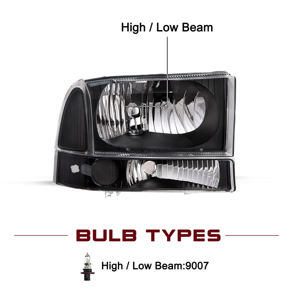 For 99-04 Ford Super Duty F250/350/450/550/ Excursion Headlight 4Pcs W/bulb