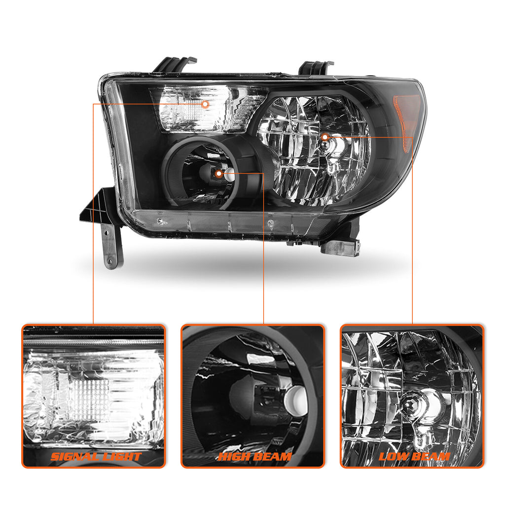 Halogen Black Amber Headlights for 2007-2013 Toyota Tundra&2008-17 Sequoia LH+RH