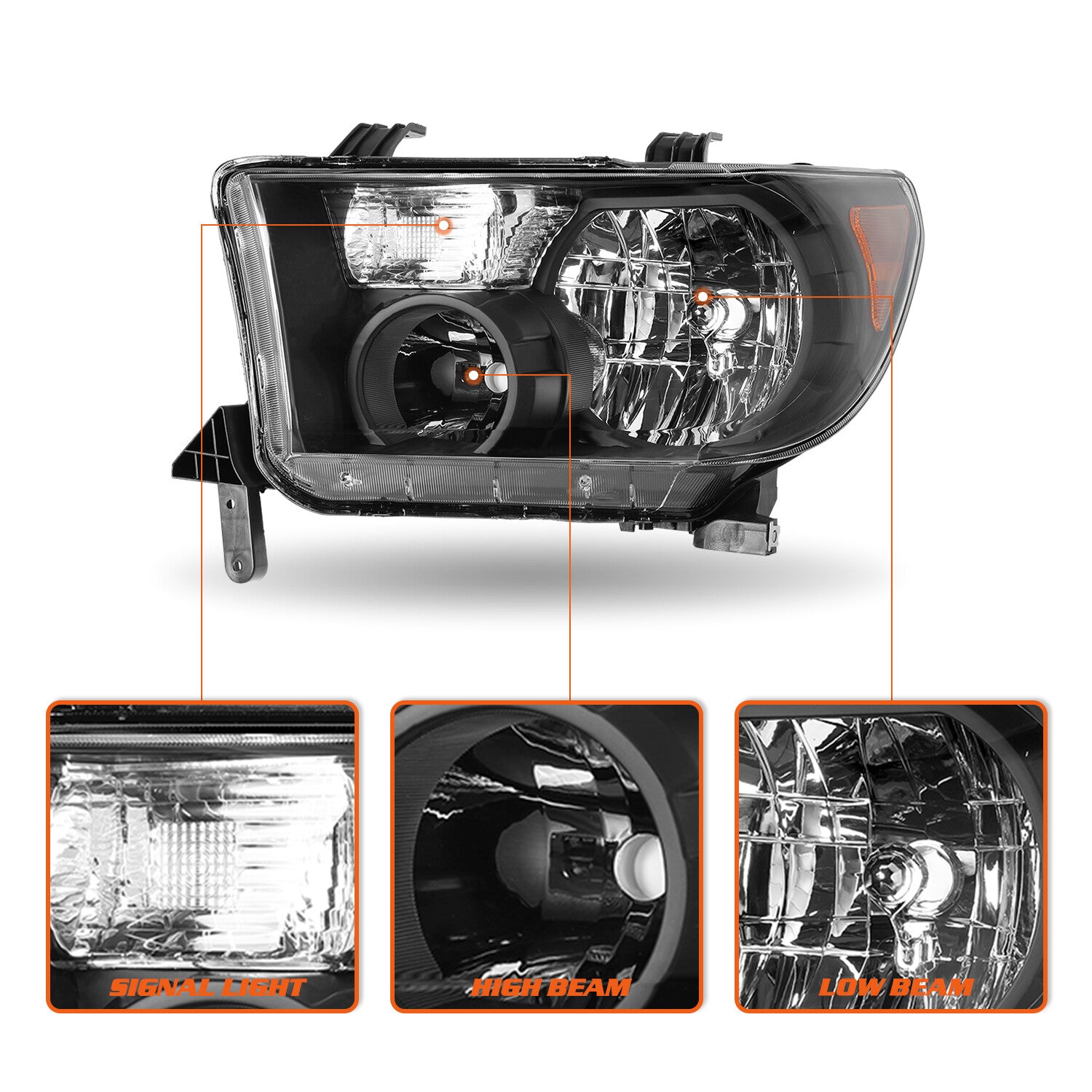 Halogen Black Amber Headlights for 2007-2013 Toyota Tundra&2008-17 Sequoia LH+RH