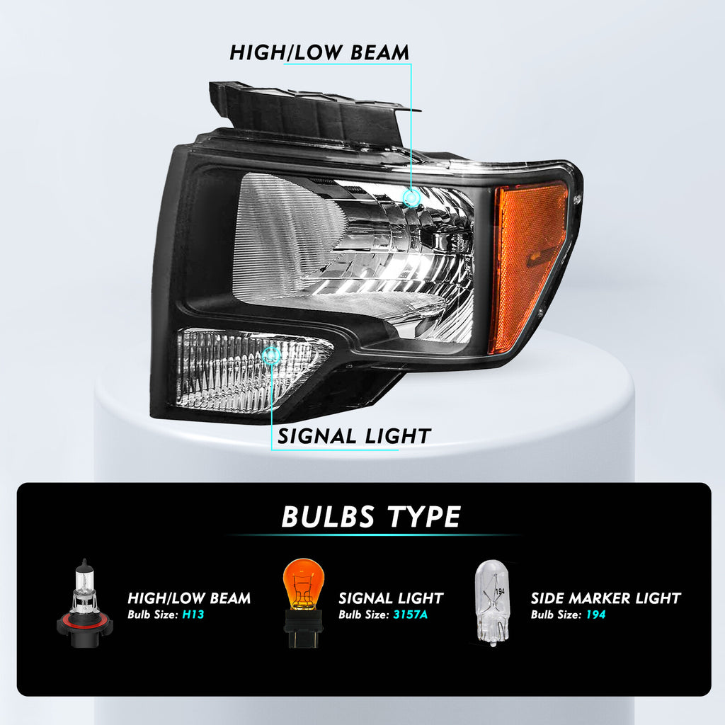 For 2009 2010 2011 2012 2013 2014 Ford F-150 F150 Pickup Black Headlights LH+RH